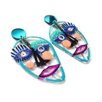 Turquoise and Blue Laser Cut Acrylic Face Earrings