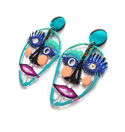 Turquoise and Blue Laser Cut Acrylic Face Earrings