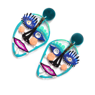 Turquoise and Blue Laser Cut Acrylic Face Earrings