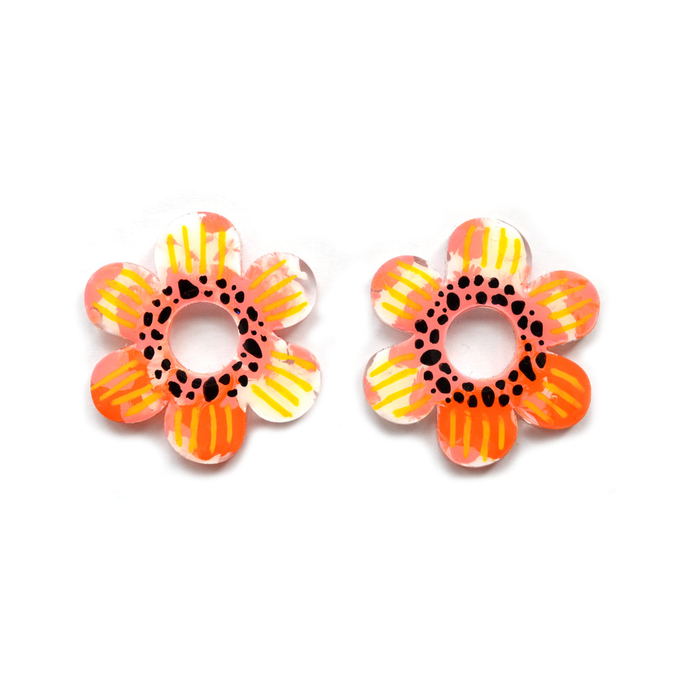 Orange and Pink Flower Stud Earrings
