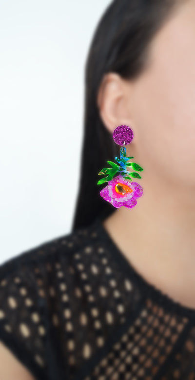 Purple Flower Resin Glitter Acrylic Earrings, Laser Cut Jewelry