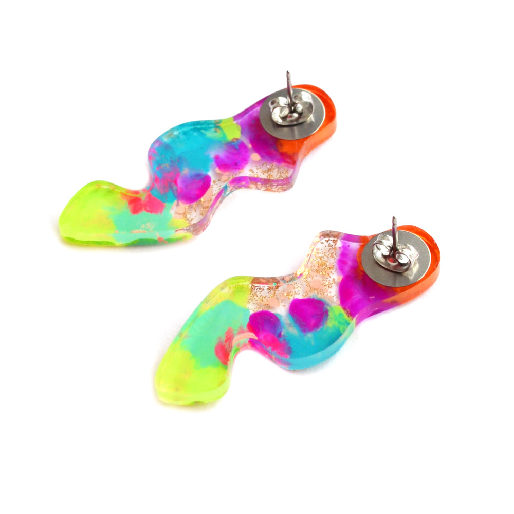 Orange and Green Neon Abstract Wavy Squiggle Resin Stud Earrings