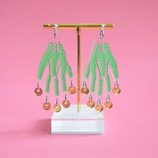 Hand Earrings with Green Vines and Gold Dangles