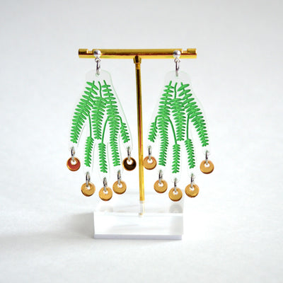 Hand Earrings with Green Vines and Gold Dangles
