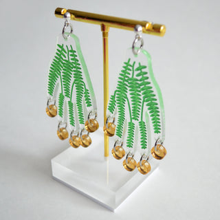 Hand Earrings with Green Vines and Gold Dangles