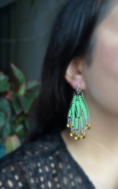 Hand Earrings with Green Vines and Gold Dangles