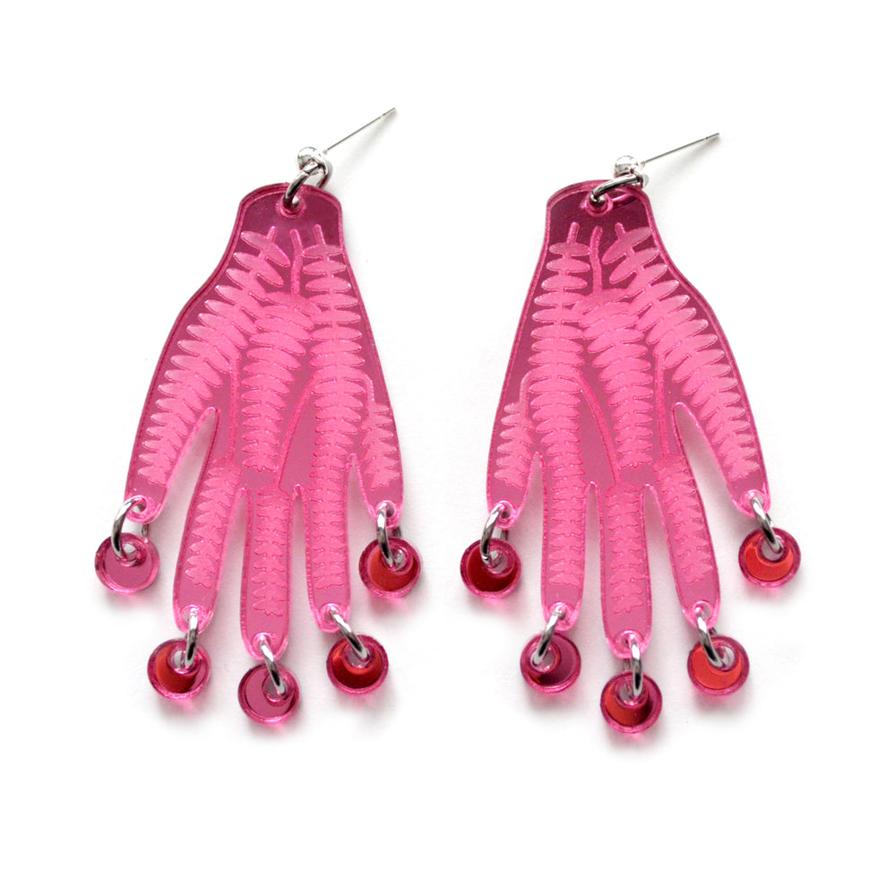 Pink Acrylic Hand Earrings with Flower Vines