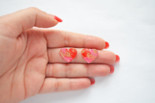Pink and Red Heart Resin Stud Earrings