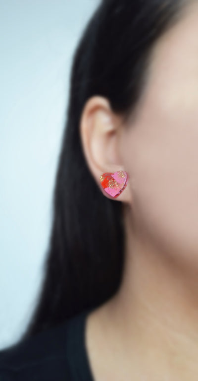 Pink and Red Heart Resin Stud Earrings
