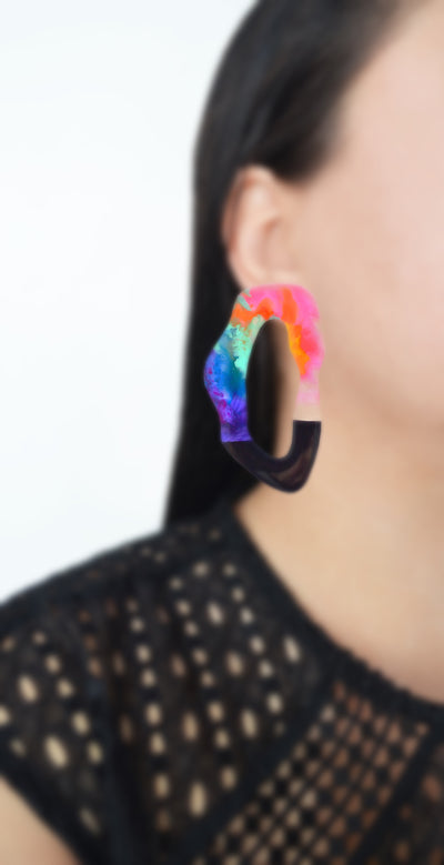 Large Colorful Rainbow Hoop Stud Laser Cut Earrings
