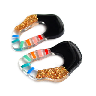 Rainbow and Gold Glitter Stripe Squiggle Hoop Post Stud Earrings