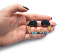 Rainbow and Gold Glitter Stripe Squiggle Hoop Post Stud Earrings