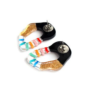 Rainbow and Gold Glitter Stripe Squiggle Hoop Post Stud Earrings