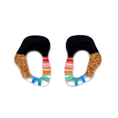 Rainbow and Gold Glitter Stripe Squiggle Hoop Post Stud Earrings