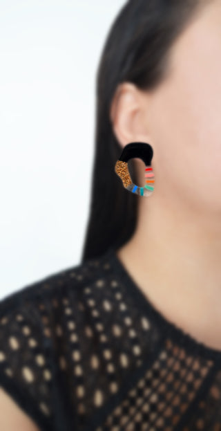 Rainbow and Gold Glitter Stripe Squiggle Hoop Post Stud Earrings
