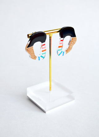 Rainbow and Gold Glitter Stripe Squiggle Hoop Post Stud Earrings
