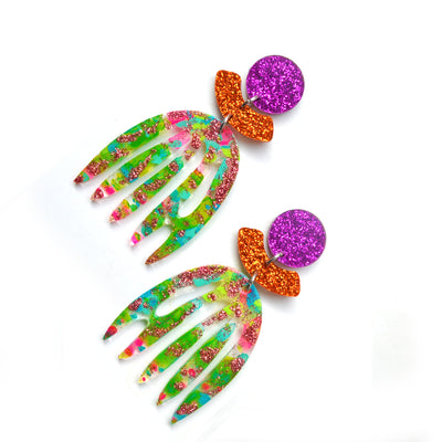 Pink and Green Glitter Laser Cut Earrings, Statement Jewelry