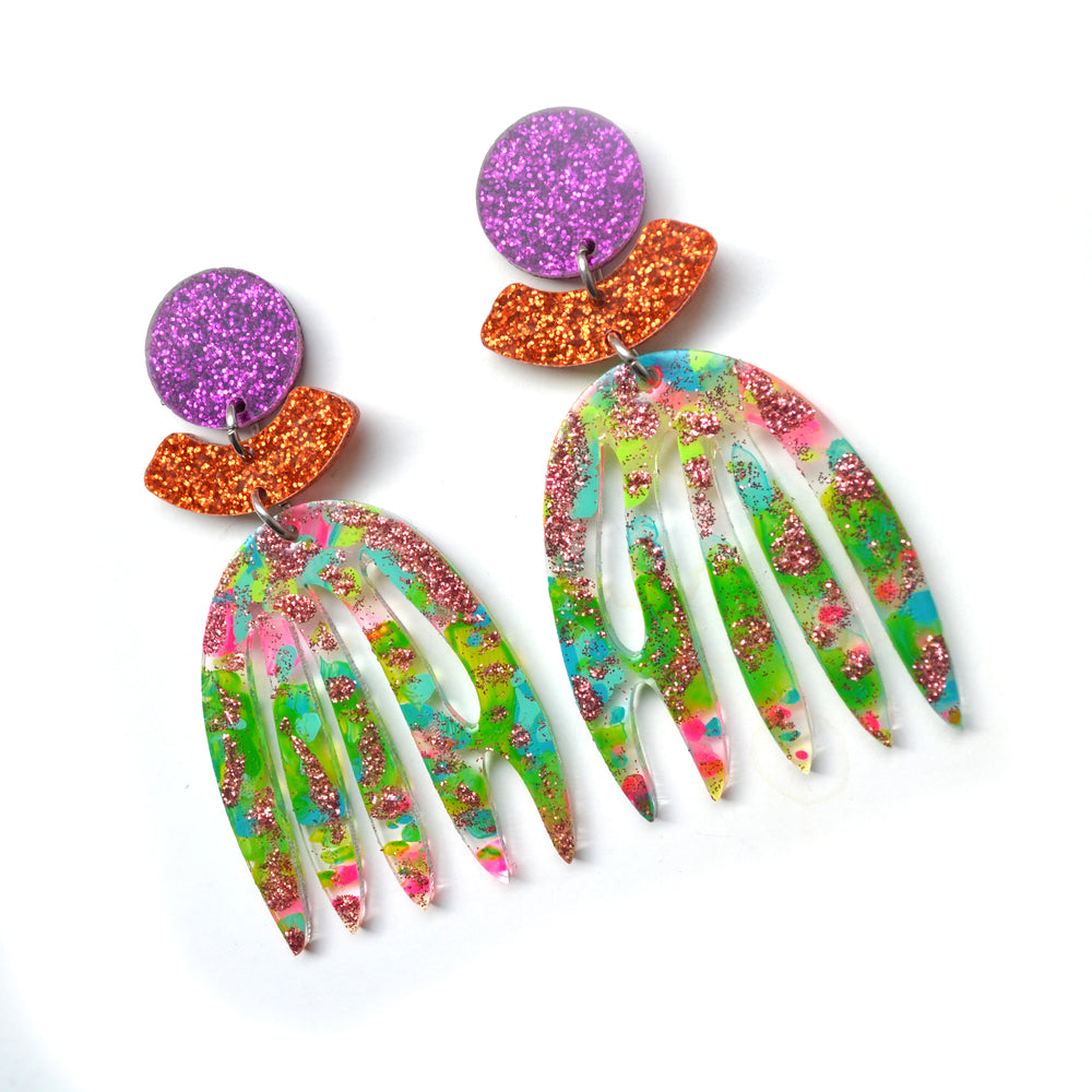 Pink and Green Glitter Laser Cut Earrings, Statement Jewelry
