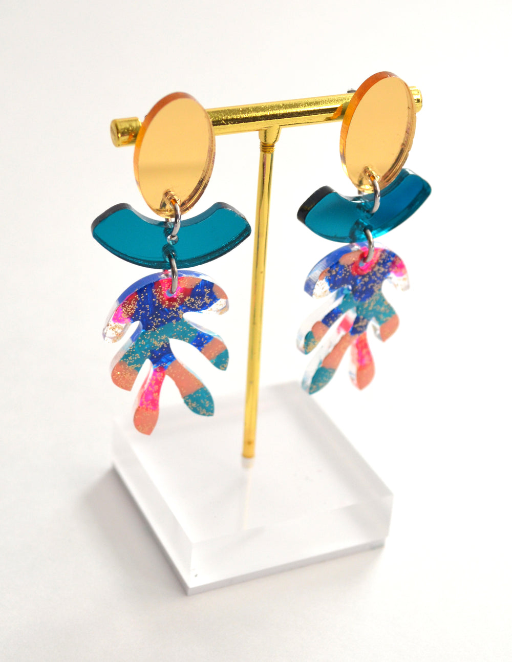 Abstract Art Blue and Gold Glitter Leaf Earrings, Laser Cut Acrylic Jewelry