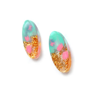 Mint and Pink with Gold Glitter Oval Resin Stud Earrings