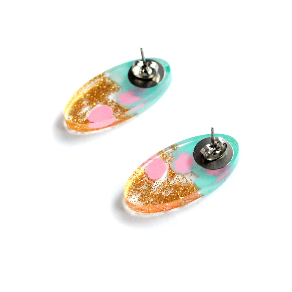 Mint and Pink with Gold Glitter Oval Resin Stud Earrings