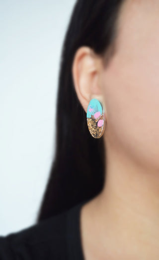 Mint and Pink with Gold Glitter Oval Resin Stud Earrings