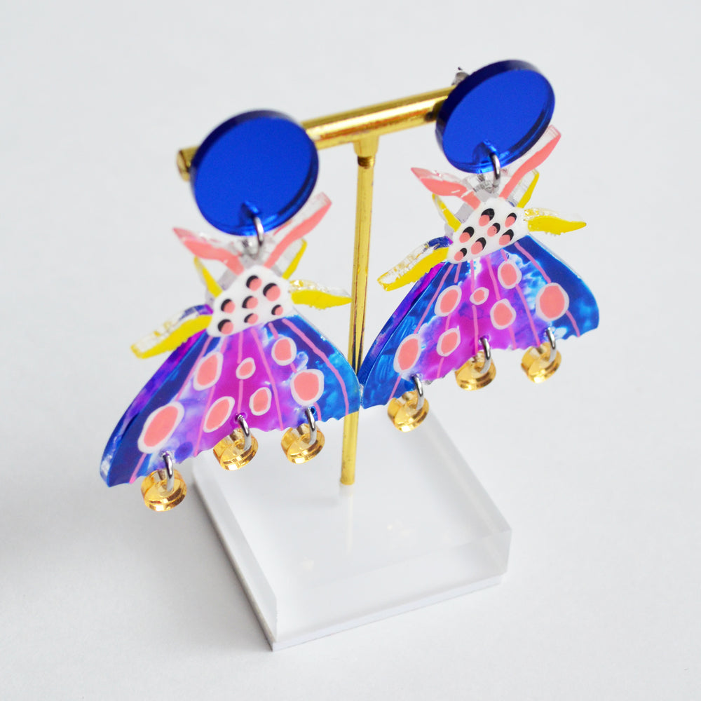 Blue Geometric Moth Insect Laser Cut Acrylic Earrings