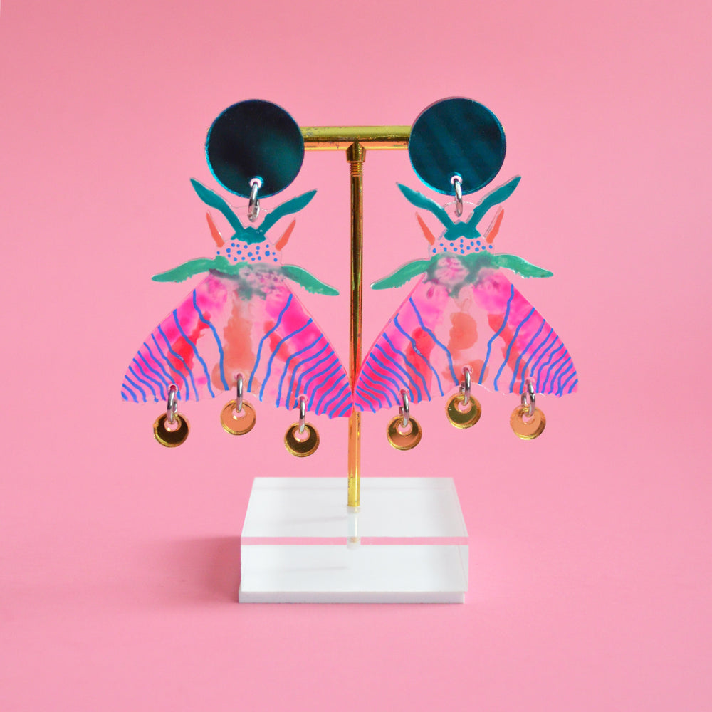 Neon Pink Geometric Moth Insect Laser Cut Acrylic Earrings