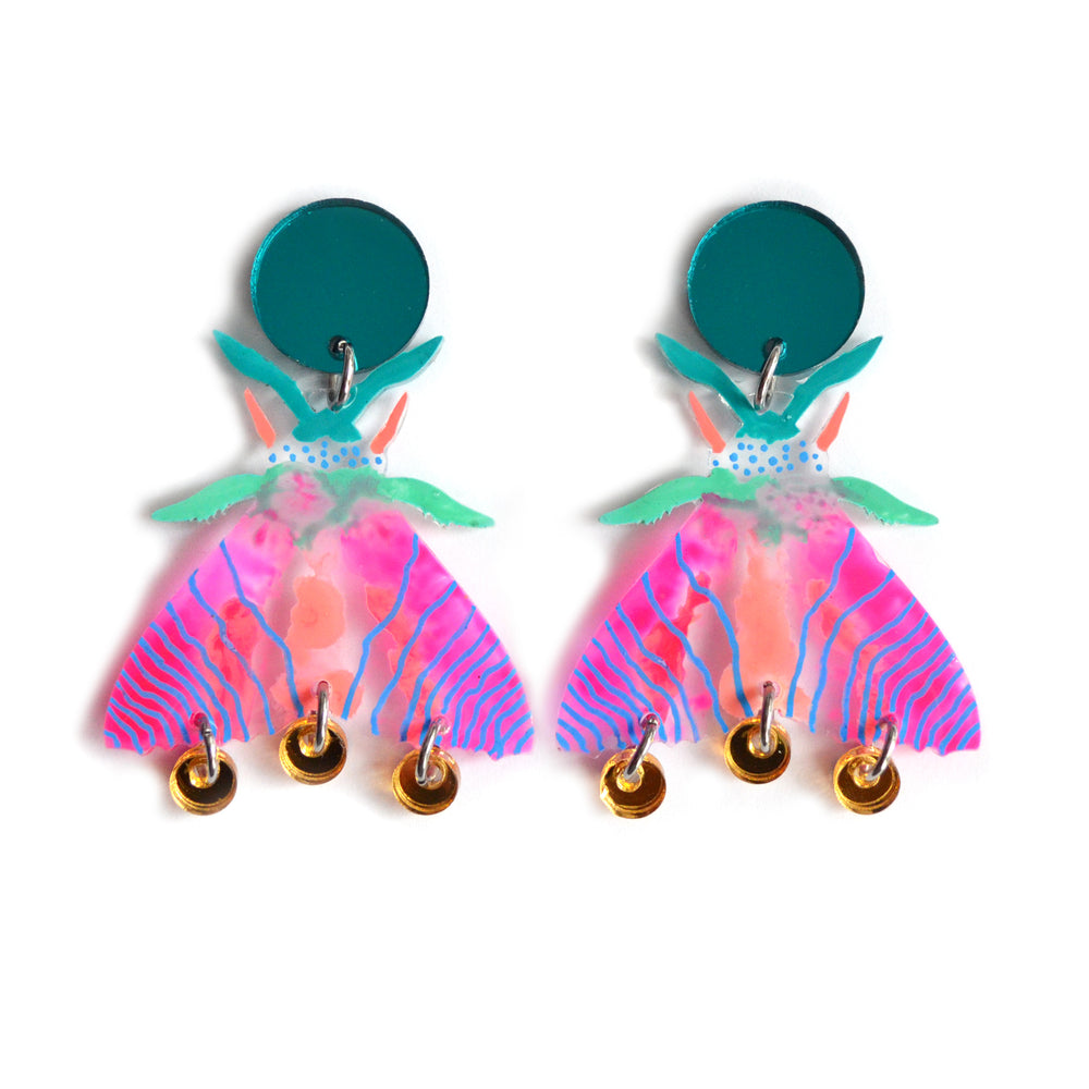 Neon Pink Geometric Moth Insect Laser Cut Acrylic Earrings
