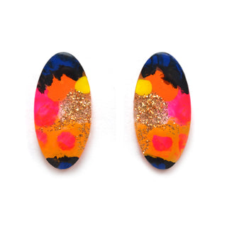 Orange and Pink Abstract Art Oval Resin Stud Earrings