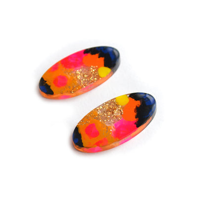 Orange and Pink Abstract Art Oval Resin Stud Earrings