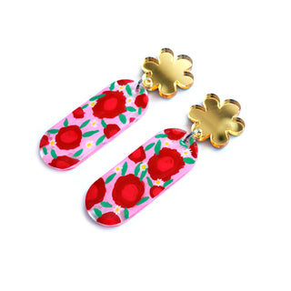 Pink and Red Flower Resin Earrings, Laser Cut Acrylic Jewelry