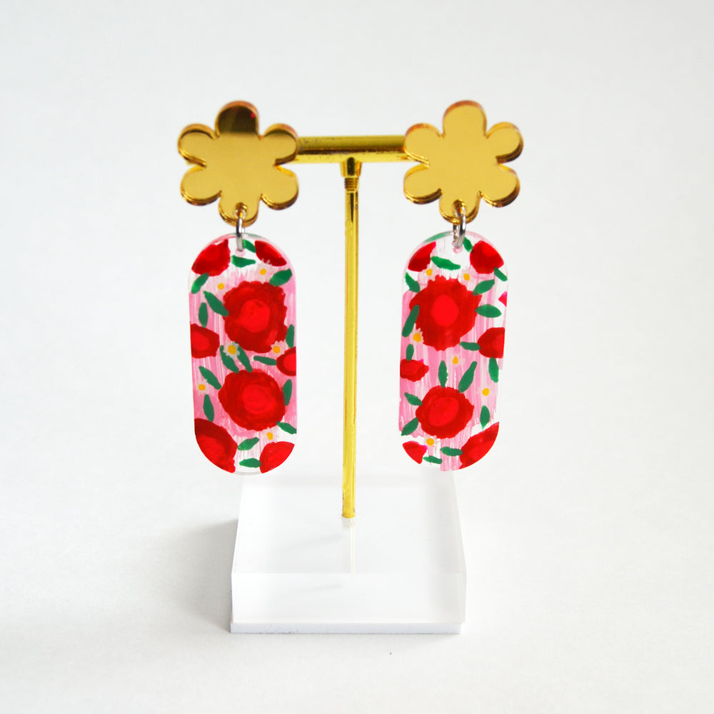 Pink and Red Flower Resin Earrings, Laser Cut Acrylic Jewelry