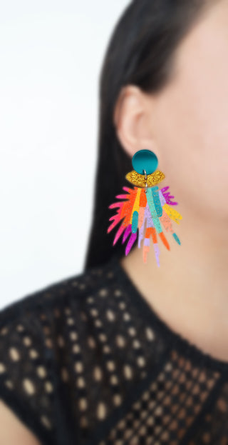 Colorful Rainbow Pom Pom Glitter Resin Earrings