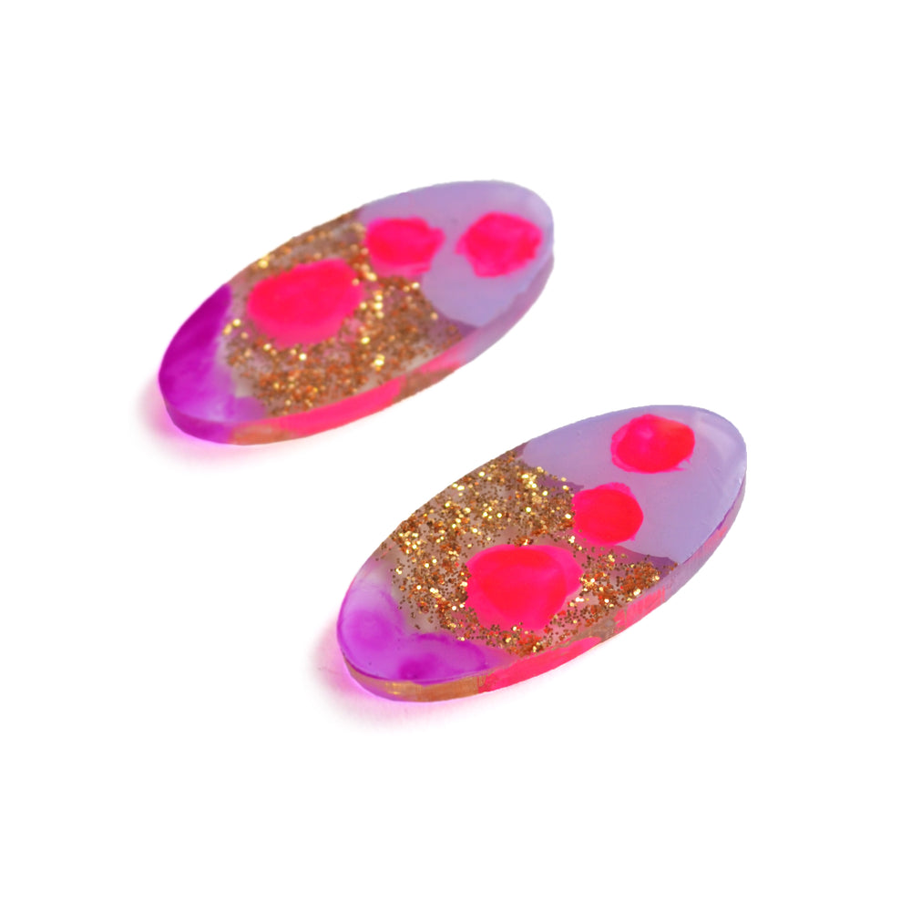 Pink and Purple Glitter Abstract Art Oval Resin Stud Earrings