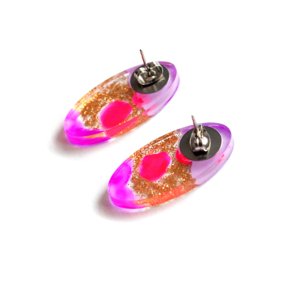 Pink and Purple Glitter Abstract Art Oval Resin Stud Earrings