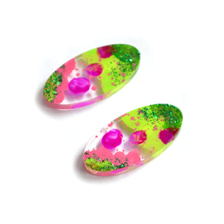 Pink and Green Glitter Abstract Art Oval Resin Stud Earrings