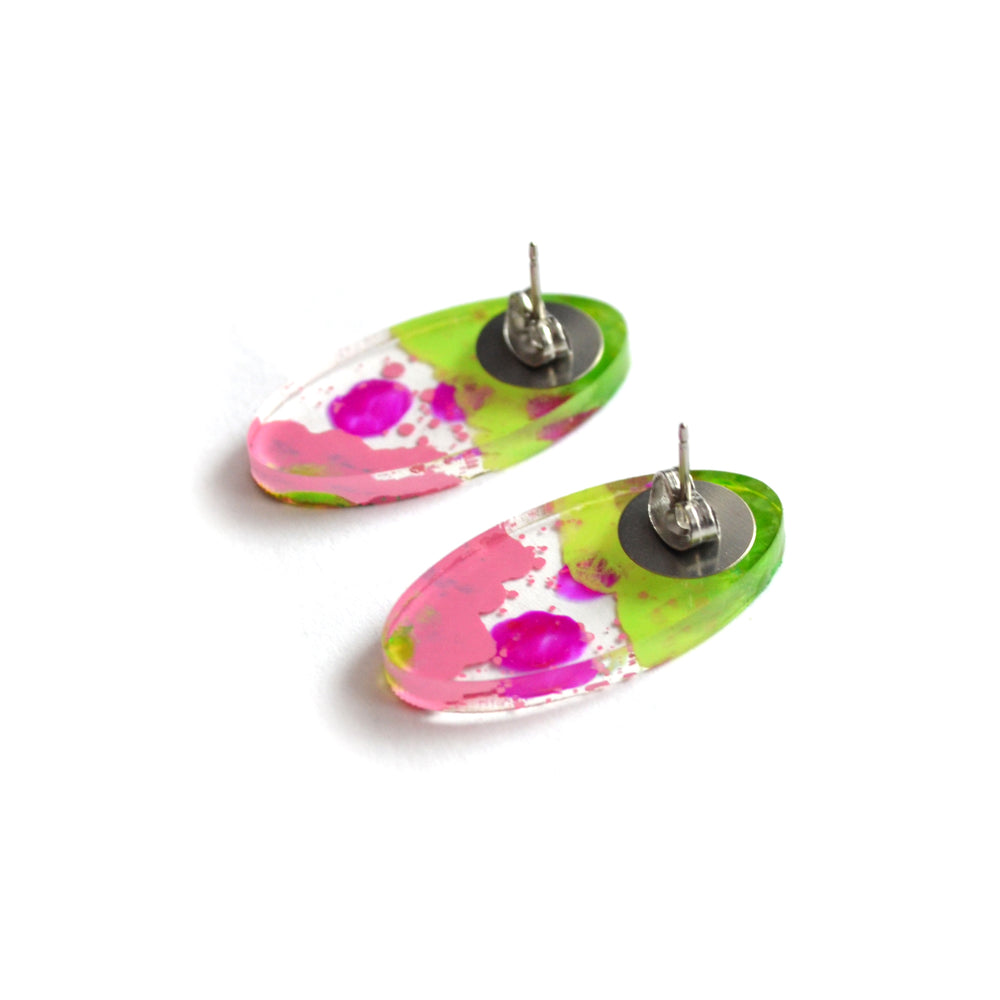 Pink and Green Glitter Abstract Art Oval Resin Stud Earrings
