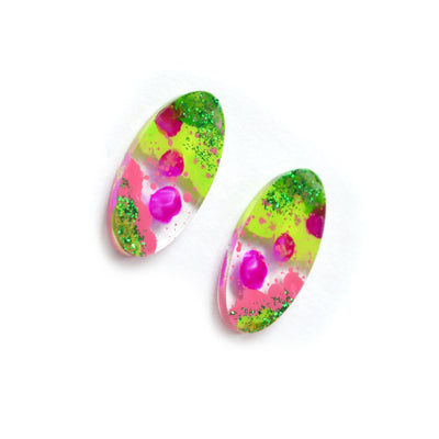 Pink and Green Glitter Abstract Art Oval Resin Stud Earrings