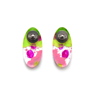 Pink and Green Glitter Abstract Art Oval Resin Stud Earrings