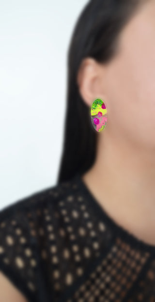 Pink and Green Glitter Abstract Art Oval Resin Stud Earrings