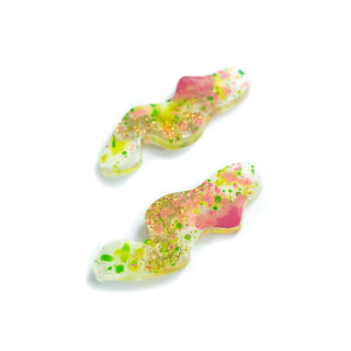 Pink and Green Wavy Squiggle Stud Earrings