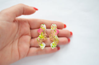 Pink and Green Wavy Squiggle Stud Earrings