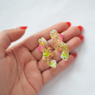 Pink and Green Wavy Squiggle Stud Earrings