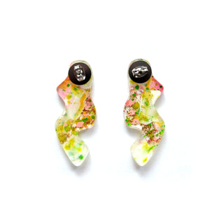 Pink and Green Wavy Squiggle Stud Earrings