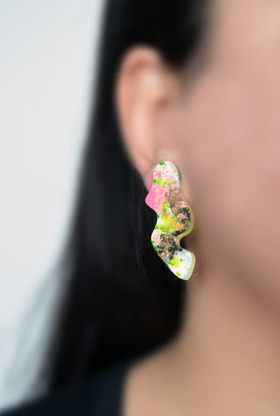 Pink and Green Wavy Squiggle Stud Earrings