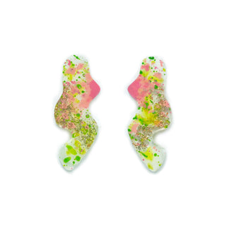 Pink and Green Wavy Squiggle Stud Earrings