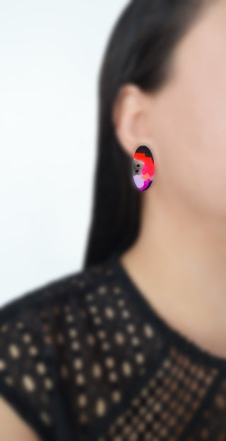 Pink and Red Abstract Art Oval Resin Stud Earrings