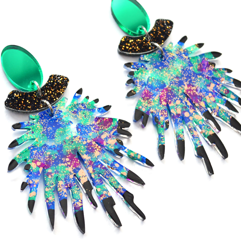 Emerald and Blue Laser Cut Resin Earrings, Acrylic Jewelry