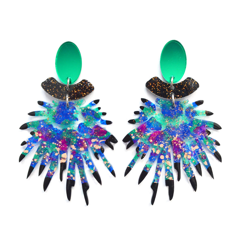 Emerald and Blue Laser Cut Resin Earrings, Acrylic Jewelry